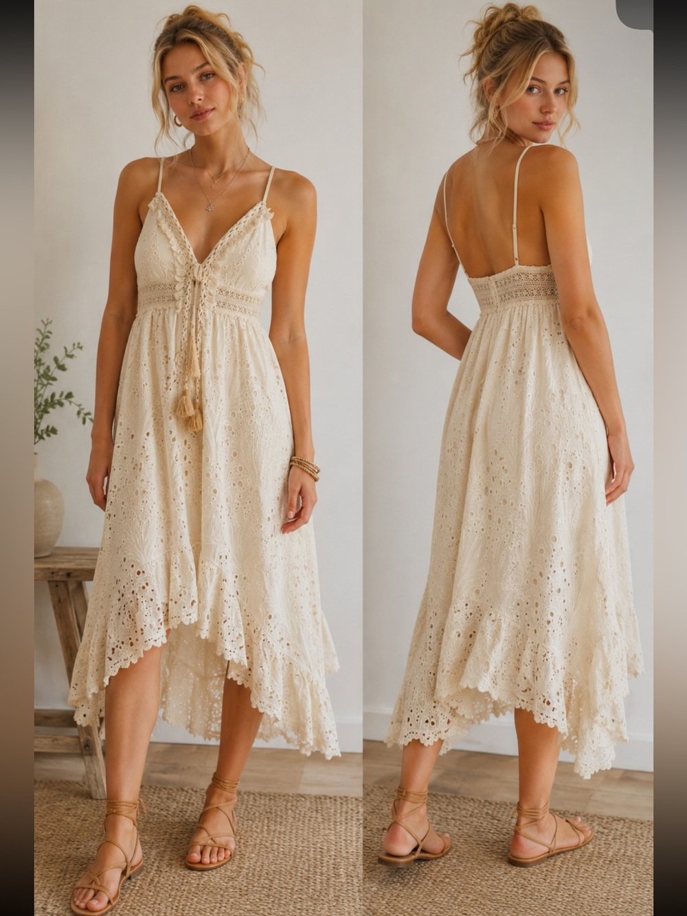 Jasmine Ivory Eyelet Embroidered Cotton Boho Midi Dress L/XL 8071 - Picture 1 of 11